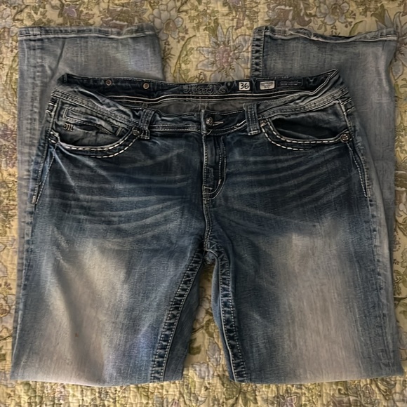 MISS ME 👖 VINTAGE DISTRESSED RIPPED LEATHER CROSS BOOTCUT JEANS Women’s 36 L32 - Picture 2 of 12